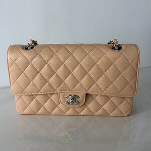 Chanel Classic Medium Flap Caviar Beige Silver Hardware